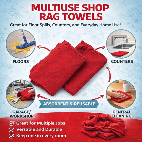 Extra Absorbent 13x17 Inches 12 Pack 100 Percent Cotton Shop Towels Reusable Cleaning Rags For Industrial Garage Auto Home Heavy Duty Towels Built For Tough Jobs displayed with cleaning uses