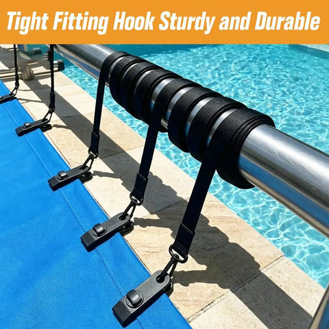 Top Shelf Universal Pool Solar Cover Reel Attachment Kit With Fool Proof Serrated Grip Locking Clips And 24 Piece Hook Strap Bundle For Large Inground Swimming Pools showing sturdy black hook straps on a metal reel.