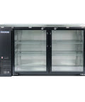 Commercial Under Bar Refrigerator In Black Boasts Dual Pane Glass Doors And Digital Temp Knobs 16 Cu Ft with four shelves visible.