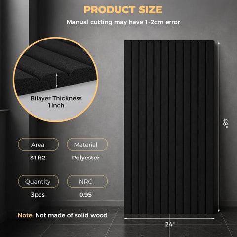 Premium Soundproof Acoustic Panels For Home Studios And Home Offices High Density Fireproof Noise Canceling Foam Wall Tiles In Classic Black with dimensions 48x24 inches.