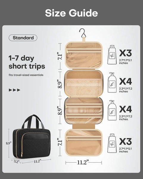 Size guide for On The Go Hanging Travel Toiletry Bag For Women And Men Black Medium With 4 Zippered Internal Compartments
