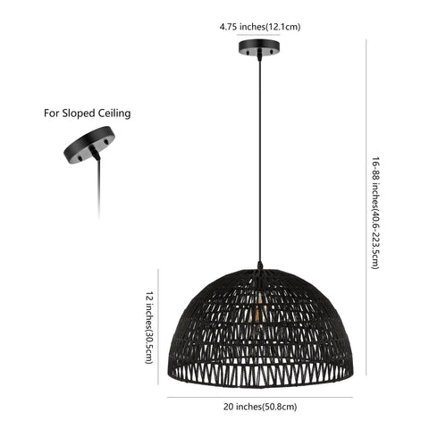 20 Inch Black Modern Bohemian Woven Rope LED Pendant Light Fixture With Adjustable Dome Ceiling Lamp For Kitchen Island Rope Shade