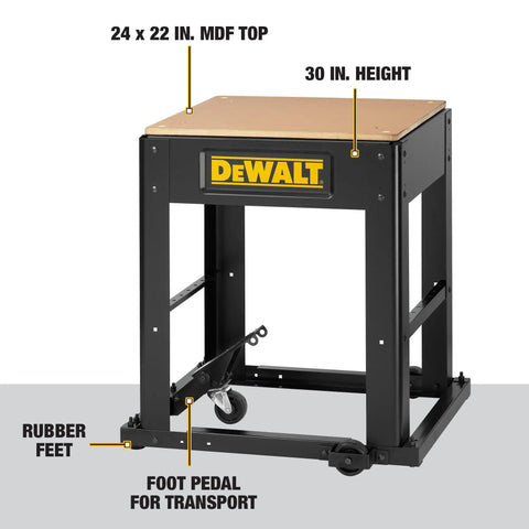 Heavy Duty Planer Stand With Smooth Rolling Mobile Base And Sturdy MDF Table Extra Lower Shelf Tradesman Approved Shop Upgrade Works Like A Champ Every Day, 24 x 22 in. MDF top, 30 in. height, rubber feet.