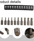 Top Tier 12 Piece Torx Screwdriver Bits Set T6 To T40 Alloy Steel With Four Inch Hex Shank Perfect For Your Drill Driver And Woodworking Projects That Need A Solid Grip. Torx bit set T6-T40 alloy steel with hex shank, shown in holder