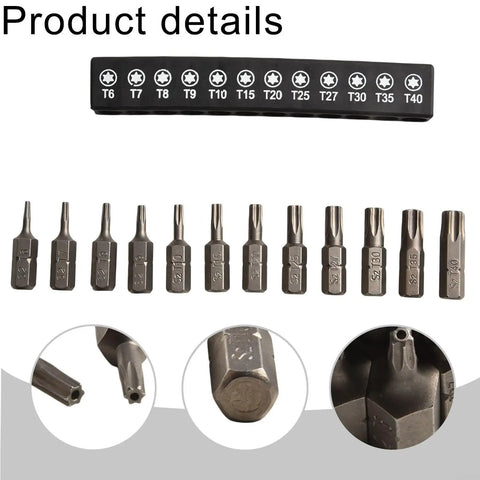 Top Tier 12 Piece Torx Screwdriver Bits Set T6 To T40 Alloy Steel With Four Inch Hex Shank Perfect For Your Drill Driver And Woodworking Projects That Need A Solid Grip. Torx bit set T6-T40 alloy steel with hex shank, shown in holder