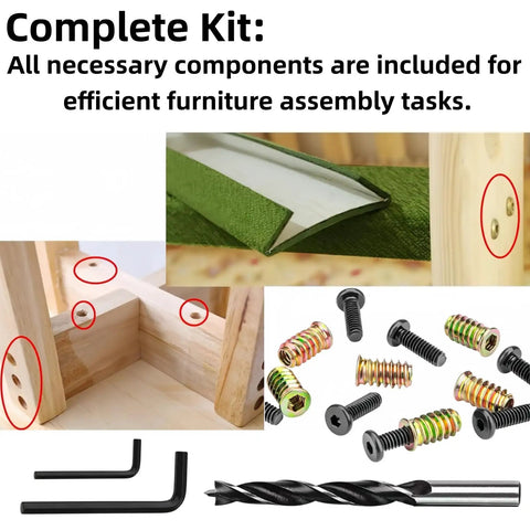 Top Shelf 50 Piece Threaded Wood Insert Kit Including 1 4 20 Furniture Fasteners And Wrenches showing screws, bolts, and assembly tools.