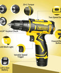 12V Cordless Drill With Rechargeable Battery And Fast Charger Three Eighth Inch Keyless Chuck Lightweight Power Tool In Yellow showcasing key features.