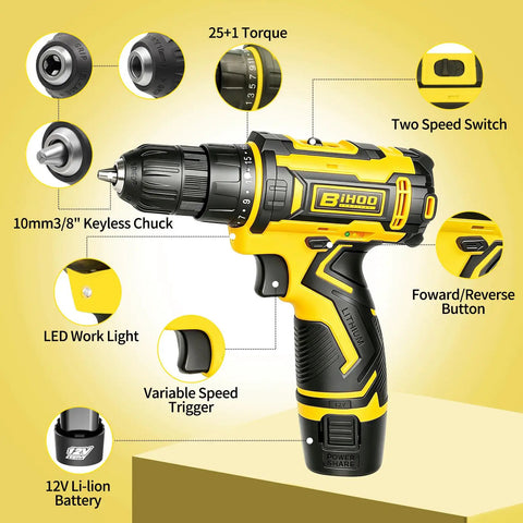 12V Cordless Drill With Rechargeable Battery And Fast Charger Three Eighth Inch Keyless Chuck Lightweight Power Tool In Yellow showcasing key features.