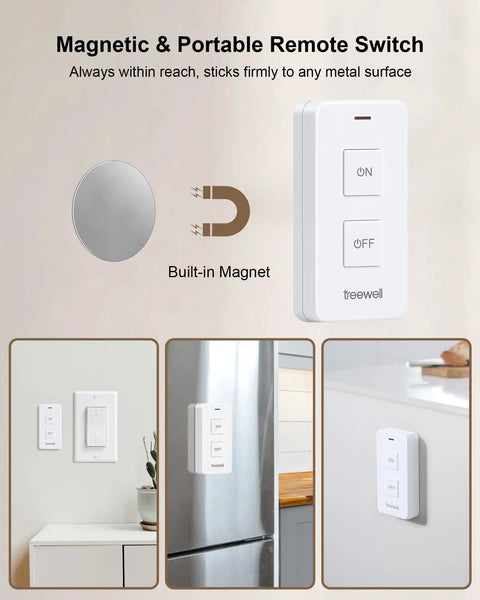 Remote Control Outlet With Portable Magnetic Switch Long Range Wireless 200 Ft On Off Plug displayed on metal surfaces