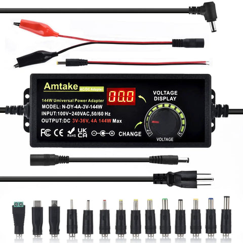 Adjustable Universal Power Supply Adapter 4A 144W Variable DC Output 3V To 36V With 14 Tips Polarity Converter and Test Lead