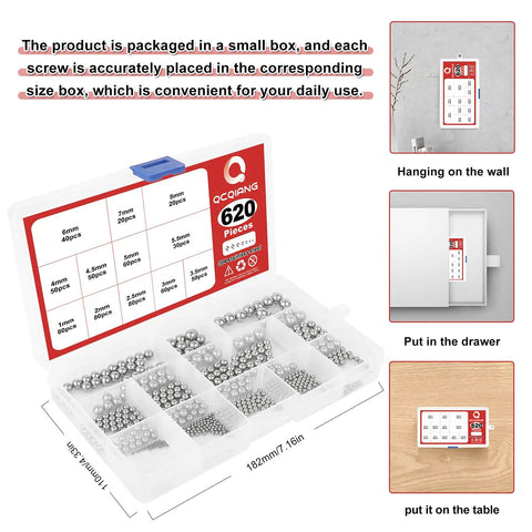 Premium Stainless Steel Precision Ball Bearing Set with 620 Pieces, labeled box, 12 sizes from 1mm to 8mm, tweezers included