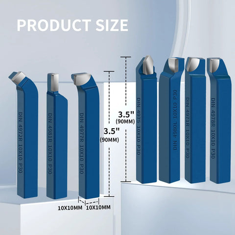 Front view of 11-piece blue carbide-tipped lathe cutter set, 10x10mm shanks for metal turning, boring and chamfering (Amazon)