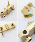 Wall Mounted Exposed Shower System Brushed Gold 3 in 1 valve body showing copper construction and lever controls.