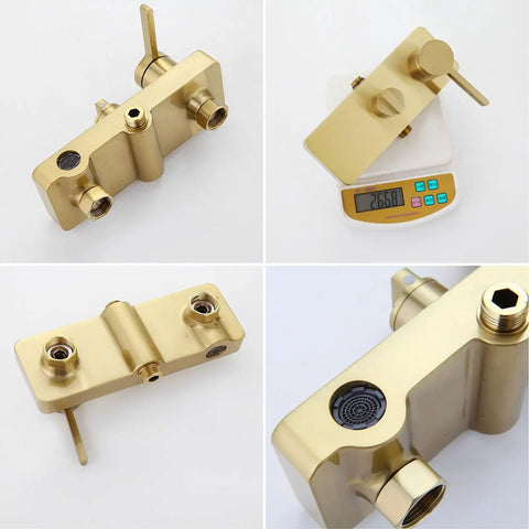 Wall Mounted Exposed Shower System Brushed Gold 3 in 1 valve body showing copper construction and lever controls.