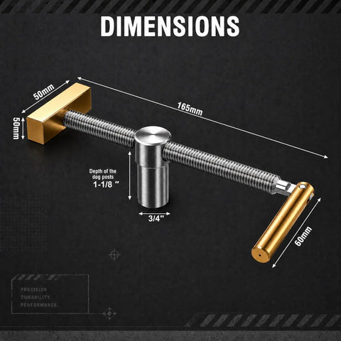 Two Pack Adjustable Bench Dog Clamps For Three Quarter Inch Dog Holes Heavy Duty Workbench Stops With Brass Handles Non Marring Brass Pads Ideal For Woodworking Jig Making Surface And Bar Clamping; 3/4 in clamp dimensions