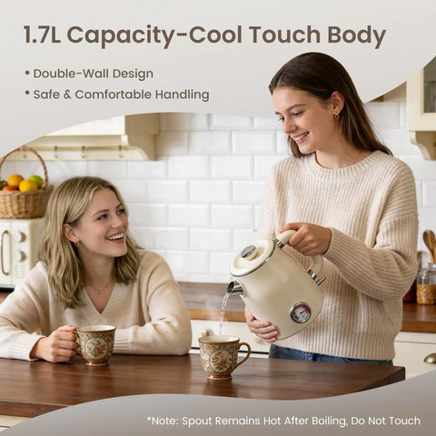 Retro Electric Kettle 1.7L With Stainless Steel Interior No Plastic Contact Double Wall Cool Touch Fast Boil 1500W Thermometer