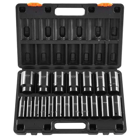 Impact Socket Set One Half Inch Drive, 19 Piece Deep Sockets, Six Point, CRV Steel, Heavy Duty Build, in storage case.