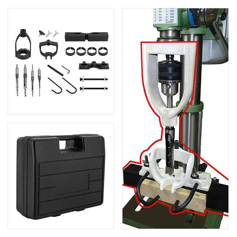 Absolute Killer Drill Press Mortising Attachment Set With Four Heavy Duty High Carbon Steel Chisels And Precision Pilot Rings for woodworking tools and attachment parts.