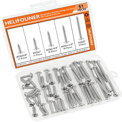Top Shelf Size 12 Phillips Pan Head Wood Screws, Heavy Duty 304 Stainless Self Tapping Assortment Kit in clear case.