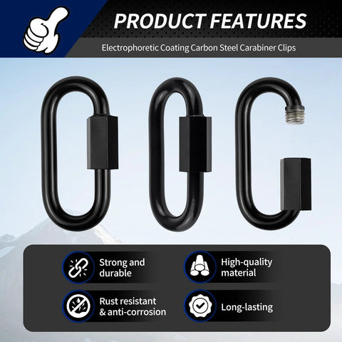 Three black stainless steel heavy-duty quick links showing locking mechanism, ideal for outdoor use.