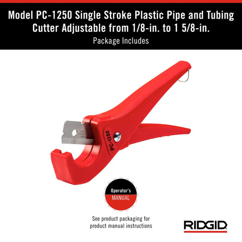 PC 1250 Single Stroke Plastic Pipe Cutter with red handles and reversible blade, for PVC CPVC PEX PP PE tubing, 1/8 to 1-5/8 inches.