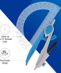 Geometry Set With Compass And Protractor For School Use Draw Circles Up To 13 Inches With An Easy Grip Compass And Clear 6 Inch Protractor Durable Math Tools For Class Homework And Back To School Assorted Colors. Blue compass and clear protractor on blue background