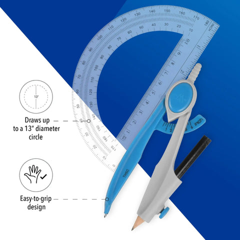 Geometry Set With Compass And Protractor For School Use Draw Circles Up To 13 Inches With An Easy Grip Compass And Clear 6 Inch Protractor Durable Math Tools For Class Homework And Back To School Assorted Colors. Blue compass and clear protractor on blue background