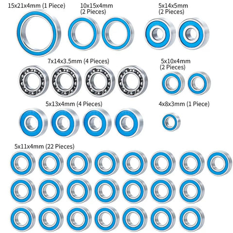 38 Pack Ball Bearing Set With Blue Rubber Seals For 1 To 10 Scale RC Crawler Cars Including Axial SCX10 III AXI03007 variety sizes