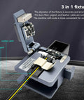 Pro Optical Fiber Cleaver Machine with Tungsten Steel Blade for Precision 90 Degree Cuts, showcasing 3 in 1 fixture for bare fiber, pigtail, leather cable.