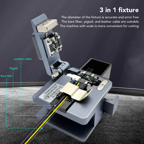 Pro Optical Fiber Cleaver Machine with Tungsten Steel Blade for Precision 90 Degree Cuts, showcasing 3 in 1 fixture for bare fiber, pigtail, leather cable.