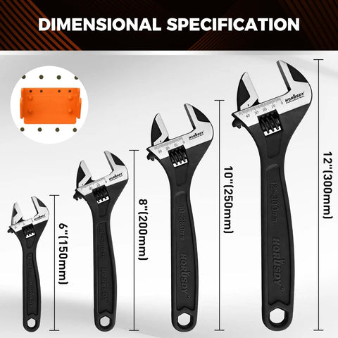 Four Piece Adjustable Wrench Set With 6, 8, 10, 12 Inch Wide Jaw Spanners Black Oxide CRV Steel Includes Magnetic Organizer Racks And Tool Roll Pouch Metric And SAE Scales Built For Auto Shop Garage with size chart