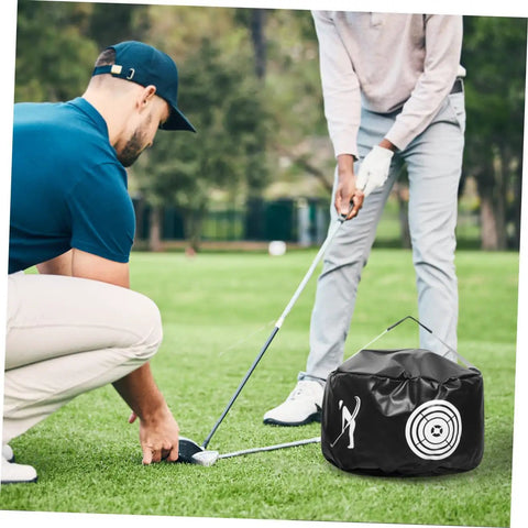 Golf Swing Training Bag With Impact Pouch Weather Resistant Design For All Skill Levels Realistic Ball Feel Practice Aid To Improve Power And Accuracy On The Range on grass with golfers