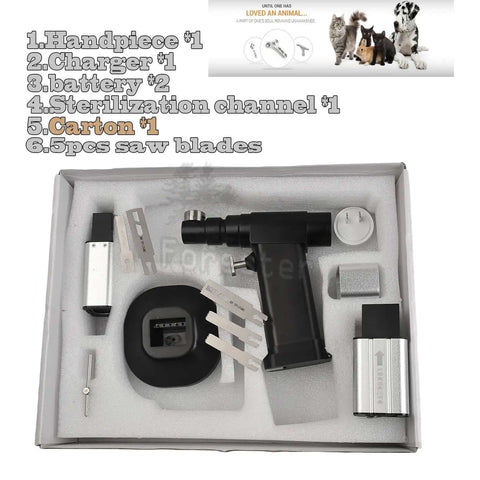 Knockout Veterinary Orthopedic Mini Bone Saw With Micro Oscillating Drill Featuring A Beefy Imported Motor And Fully Autoclavable Housing For Slick Animal Surgery Cutting Tasks, complete surgical set with handpiece and blades.