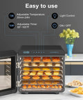 Heavy Duty Food Dehydrator Machine With Seven Stainless Trays And Simple Temp Timer Tweaks showing fruits drying inside.