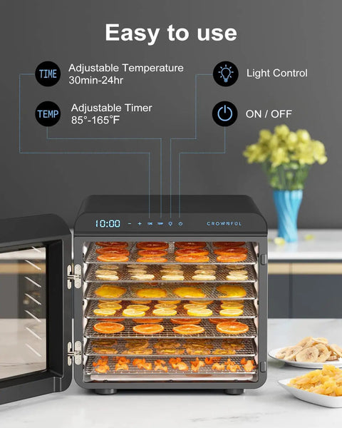 Heavy Duty Food Dehydrator Machine With Seven Stainless Trays And Simple Temp Timer Tweaks showing fruits drying inside.