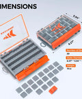 Dimensions and components of HyperSeal 3500 Double Sided Waterproof Fishing Tackle Box With Adjustable Dividers EVA Foam Jig Storage