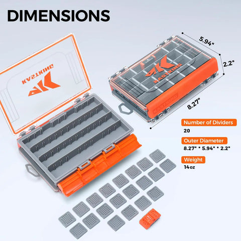 Dimensions and components of HyperSeal 3500 Double Sided Waterproof Fishing Tackle Box With Adjustable Dividers EVA Foam Jig Storage