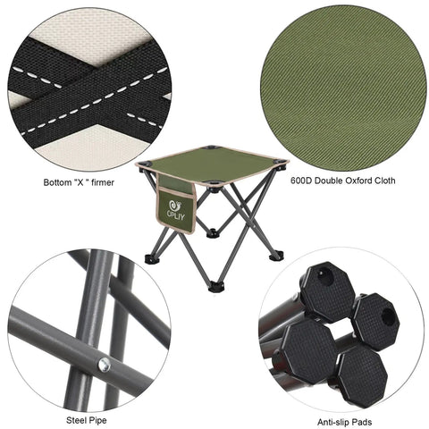 Ultralight Portable Folding Camping Stool with Carry Bag, green, showing 600D Oxford cloth, steel frame, anti-slip pads
