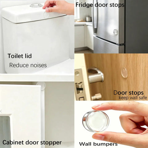 12 Piece Cabinet Door Stopper Kit And Fridge Bumper Pads With Super Strong Self Adhesive For Peaceful Rooms shown on various surfaces.