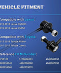 Two Pack Front Stabilizer Sway Bar End Links Replacement For Toyota Avalon 2013-2018, Camry 2007-2017, And Lexus ES300h ES350 2013-2018 Direct Fit Built Tough To Keep Your Ride Smooth, front view with OEM numbers