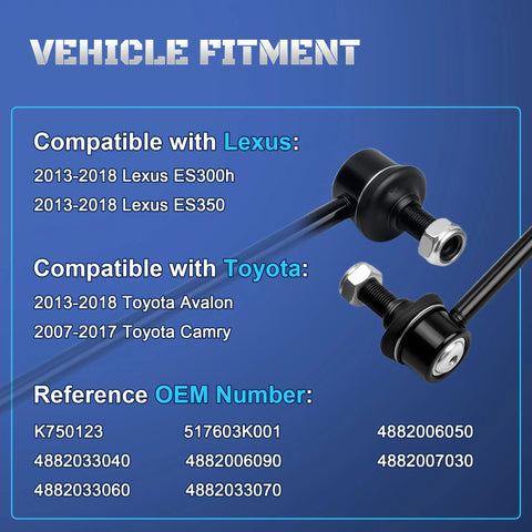 Two Pack Front Stabilizer Sway Bar End Links Replacement For Toyota Avalon 2013-2018, Camry 2007-2017, And Lexus ES300h ES350 2013-2018 Direct Fit Built Tough To Keep Your Ride Smooth, front view with OEM numbers
