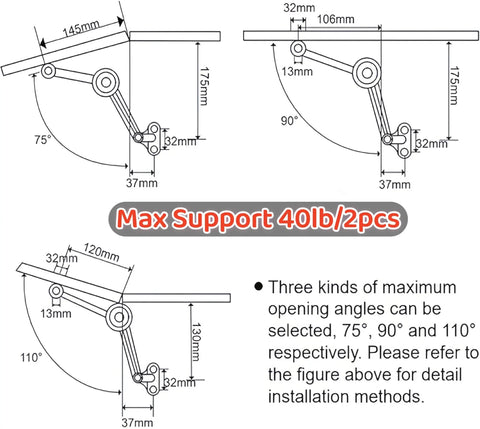 Diagram of Soft Close Lid Stay Hinges for Toy Boxes and Chests, showing adjustable angles of 75, 90, and 110 degrees