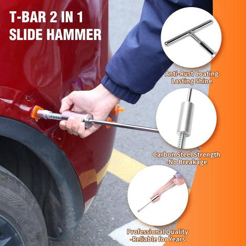 Pro Grade Paintless Dent Repair Kit With Dent Lifter Golden Lifter Bridge Puller Slide Hammer T Bar And Suction Cup For Car Auto Body Hail Damage Or Door Dings, T-bar slide hammer in use on car door
