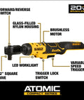 Heavy Duty Brushless Cordless Ratchet 1/2 Inch Drive 20V Max Tool With Smooth Shifting Action And Built In Led Work Light Tough Glass Nylon Build No Sweat Wrenching For Mechanics And Weekend Warriors Bare Tool with features highlighted.