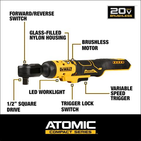 Heavy Duty Brushless Cordless Ratchet 1/2 Inch Drive 20V Max Tool With Smooth Shifting Action And Built In Led Work Light Tough Glass Nylon Build No Sweat Wrenching For Mechanics And Weekend Warriors Bare Tool with features highlighted.