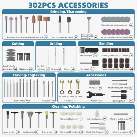 302Piece Rotary Tool Accessories Kit With One Eighth Inch Shanks And Universal Fitment For Cutting, Sanding, Grinding, Carving, Polishing, Drilling, And Engraving shown with tools and attachments layout