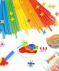 Colorful pieces from Straw Constructor Building Kit With 600 Pieces, STEM Plastic Tubes and Interlocking Blocks for Fun Engineering Play.