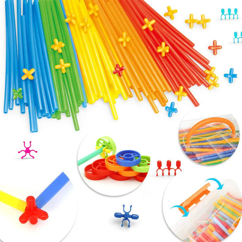 Colorful pieces from Straw Constructor Building Kit With 600 Pieces, STEM Plastic Tubes and Interlocking Blocks for Fun Engineering Play.