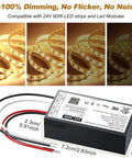 24V Dimmable LED Driver 60W Triac ELV MLV Transformer with cables, shown with LED strips for smooth flicker-free dimming.