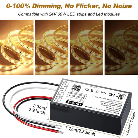 24V Dimmable LED Driver 60W Triac ELV MLV Transformer with cables, shown with LED strips for smooth flicker-free dimming.